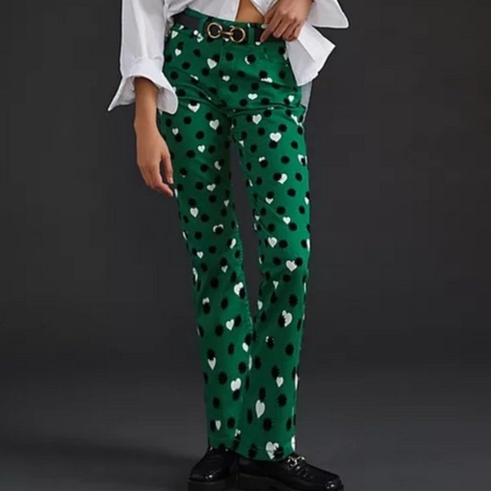 Anthropologie Maeve The Cigarette Slim Heart Printed Jeans Green Size 25
